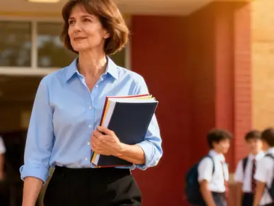 A woman in a blue shirt holding folders confidently walks in front of a brick school building. Students in uniforms chat in the background, suggesting a school environment.