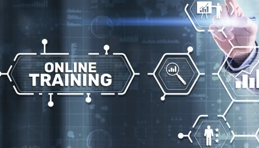 Digital interface showing 'Online Training' with hexagonal icons like graphs and person symbol, touched by a hand, conveying a tech-savvy theme.